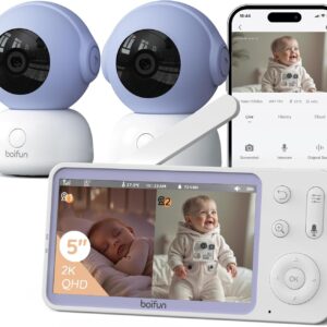 BOIFUN 2K Vigilabebes con 2 Camaras con App Movil, 5" Pantalla Dividida, Rotación 360°, Monitoreo de Movimiento y Seguimiento Automático, Alarma de Área Personalizada, Zoom 4X, VOX