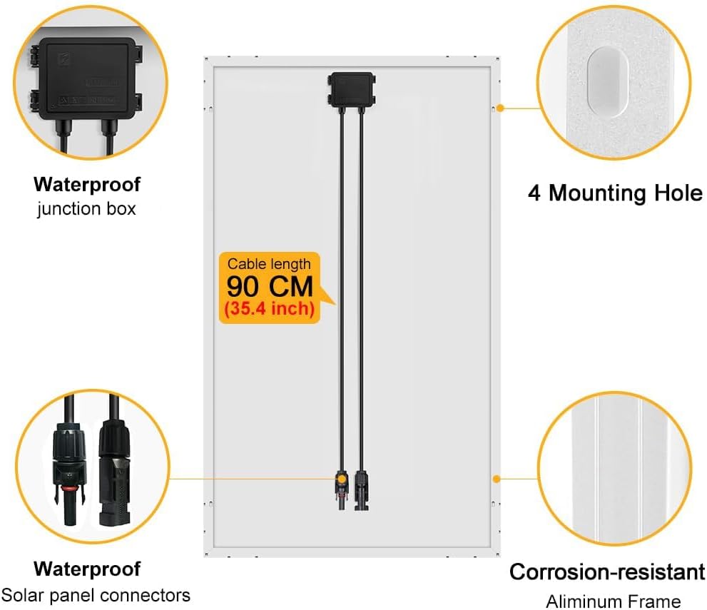 DOKIO Panel Solar 100W 12V Monocristalino Alta Eficiencia Robusto | Ideal para Autocaravana, Vivienda de Jardín, Barco, Casa, Camping - Imagen 4