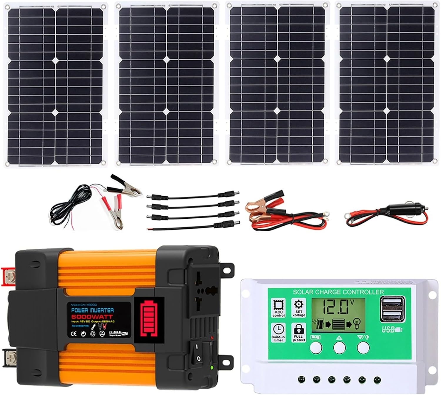 4000W 6000W Kit Completo De Inversor Solar Con Controlador De 50A Y Paneles Solares De 100W Sistema De Red Doméstica Para Sistemas De Generación De Energía Domésticos Y Exteriores(6000W,12V-220V)